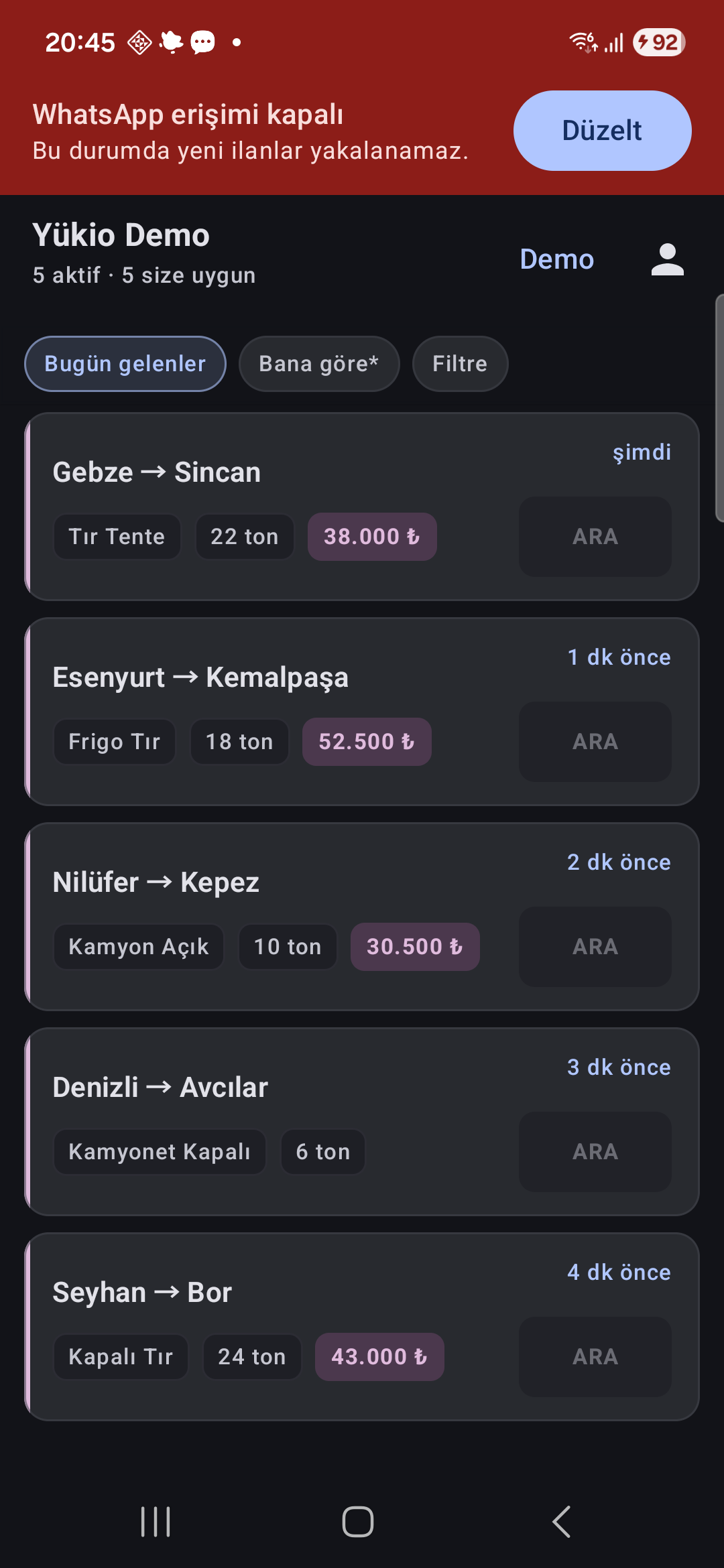 Yükio’nun yerel örnek yük ilanlarını listeleyen Android ekranı